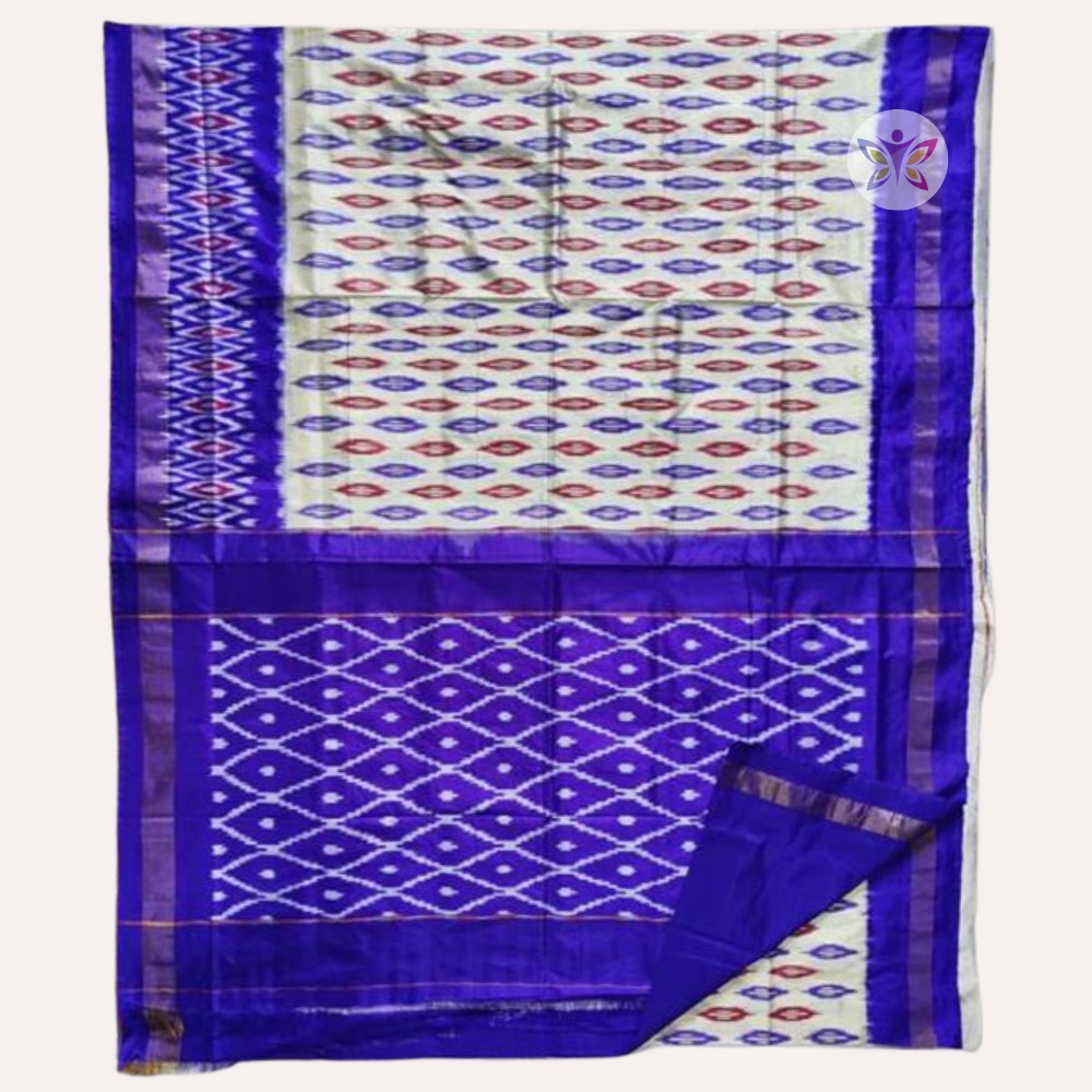 Half white and Royal Blue Pochampally Ikkat Silk Saree