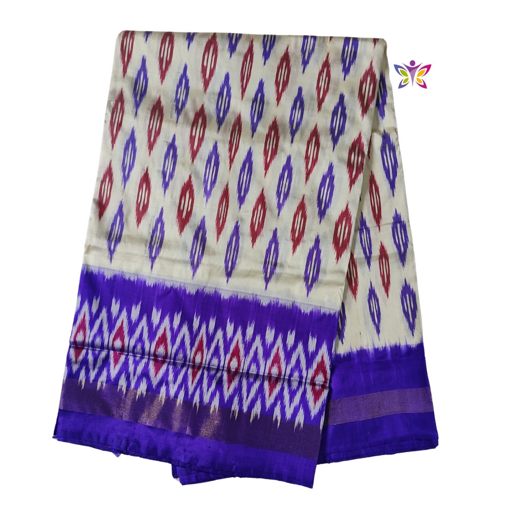 Half white and Royal Blue Pochampally Ikkat Silk Saree