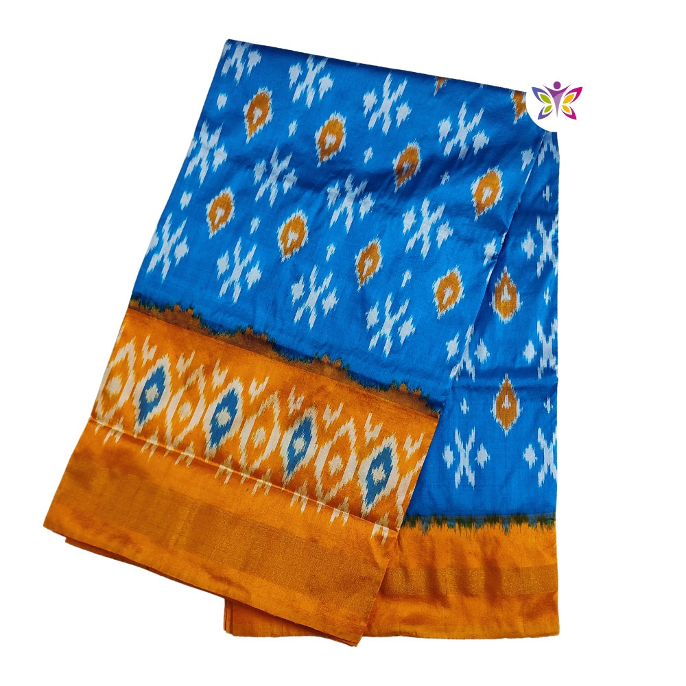 Sky Blue and Mustard Pochampally Ikkat Silk Saree