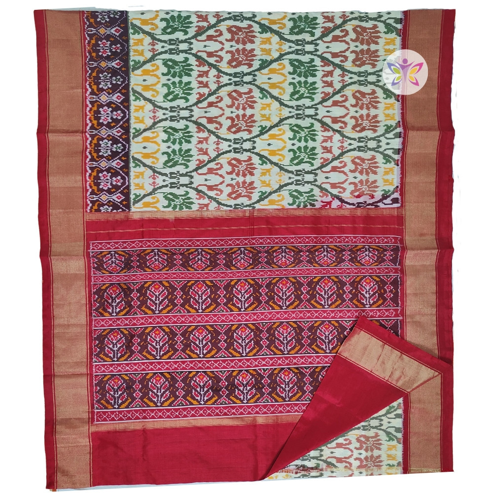 Half White and Red POCHAMPALLY IKKAT SILK SAREE