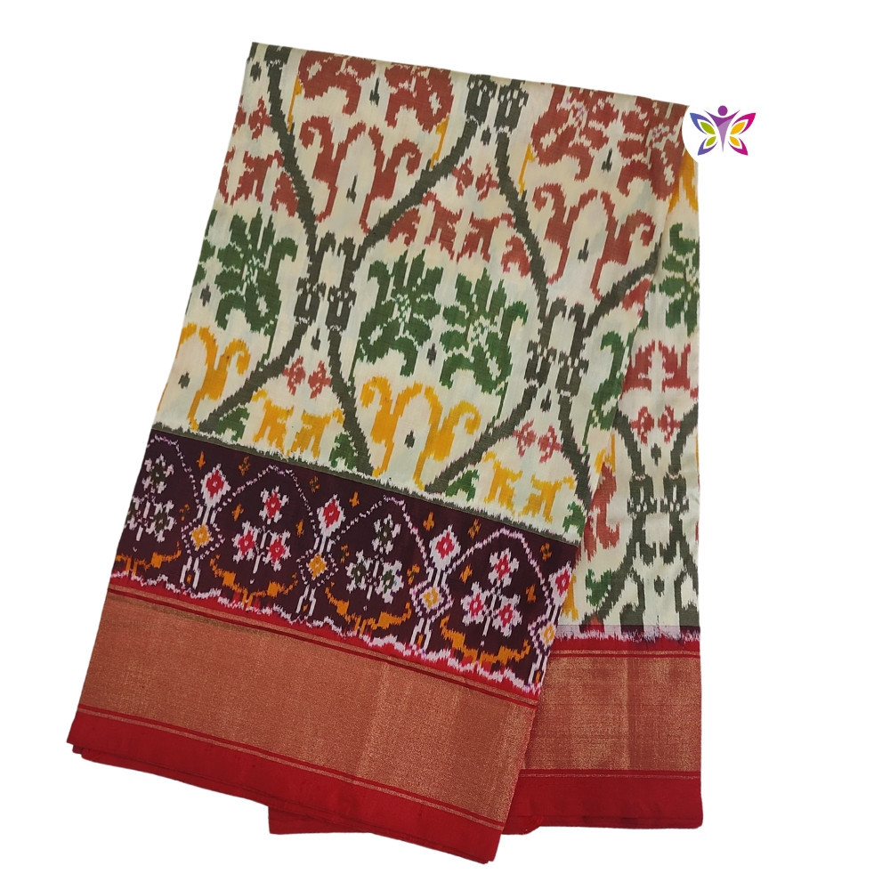 Half White and Red POCHAMPALLY IKKAT SILK SAREE