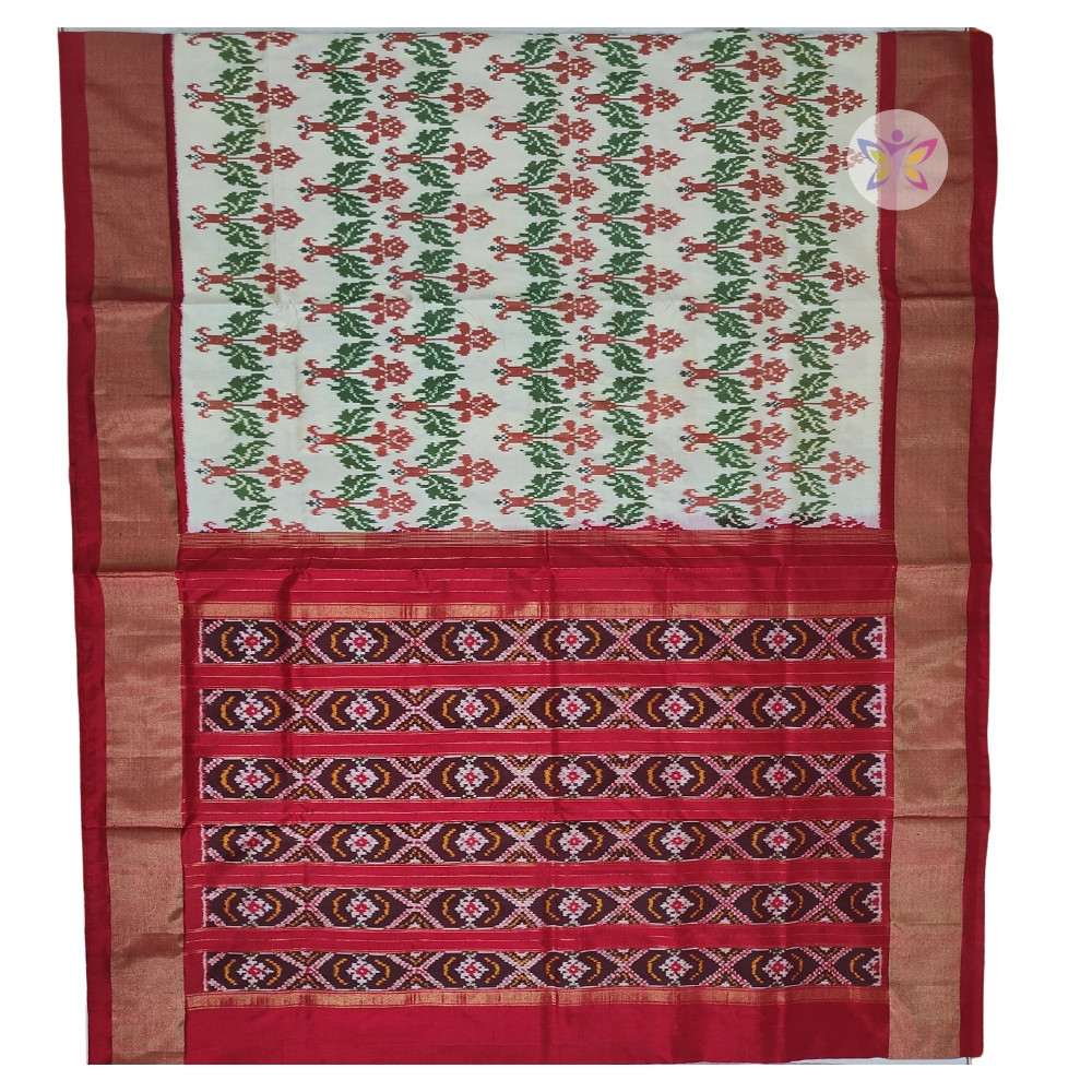 Half White and Red POCHAMPALLY IKKAT SILK SAREE