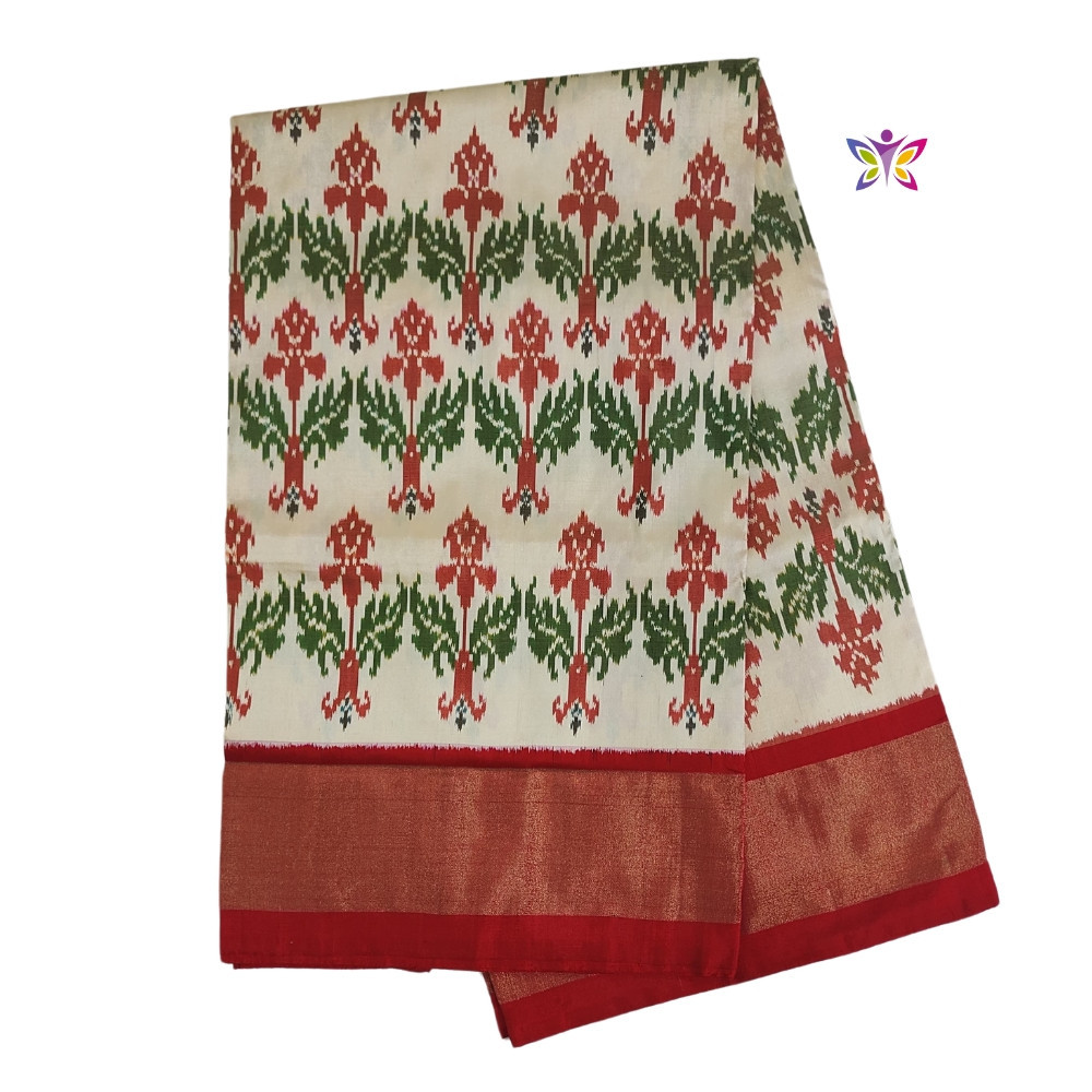 Half White and Red POCHAMPALLY IKKAT SILK SAREE